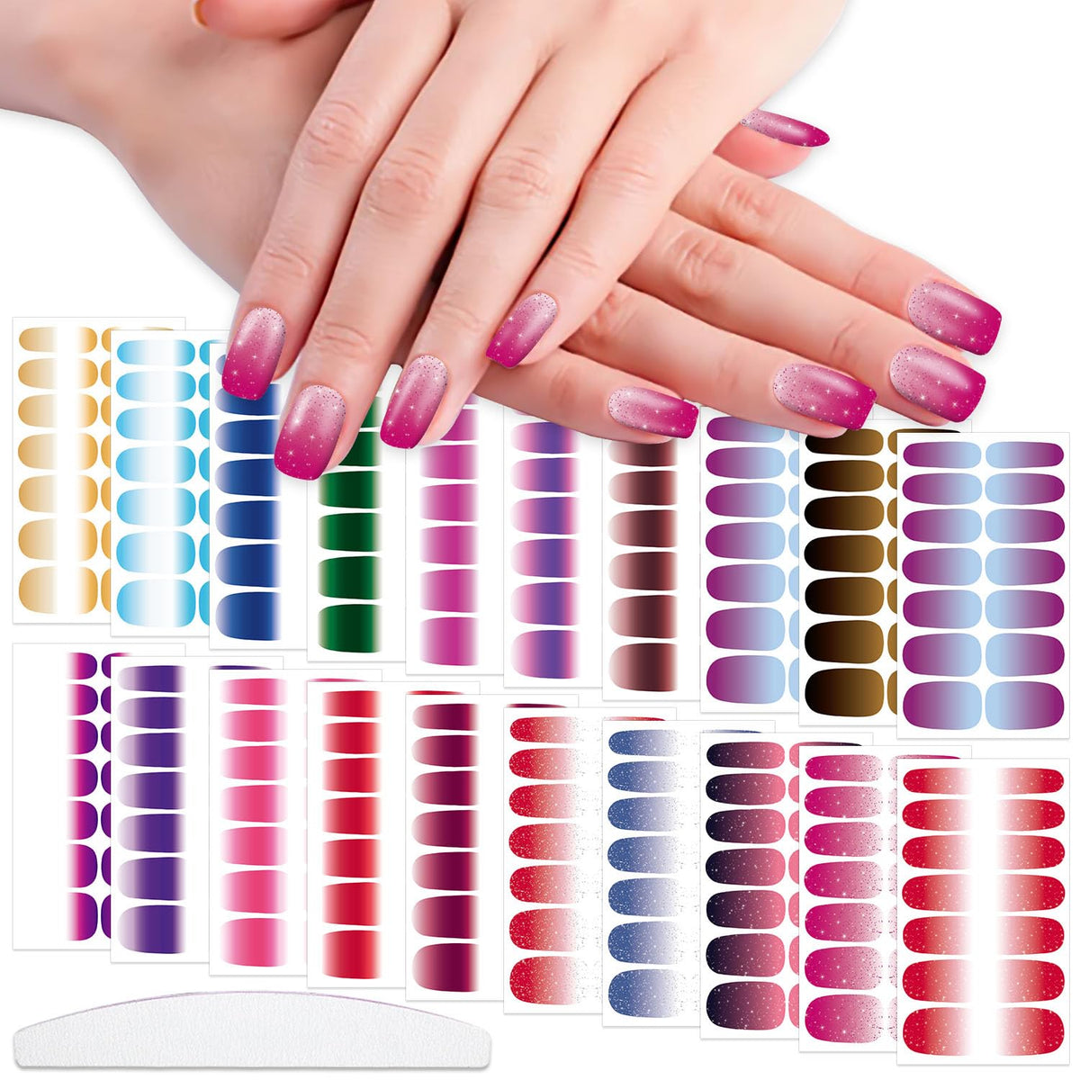 WOKOTO gradient glitter nail strips unveil vibrant color shift and glossy finish.