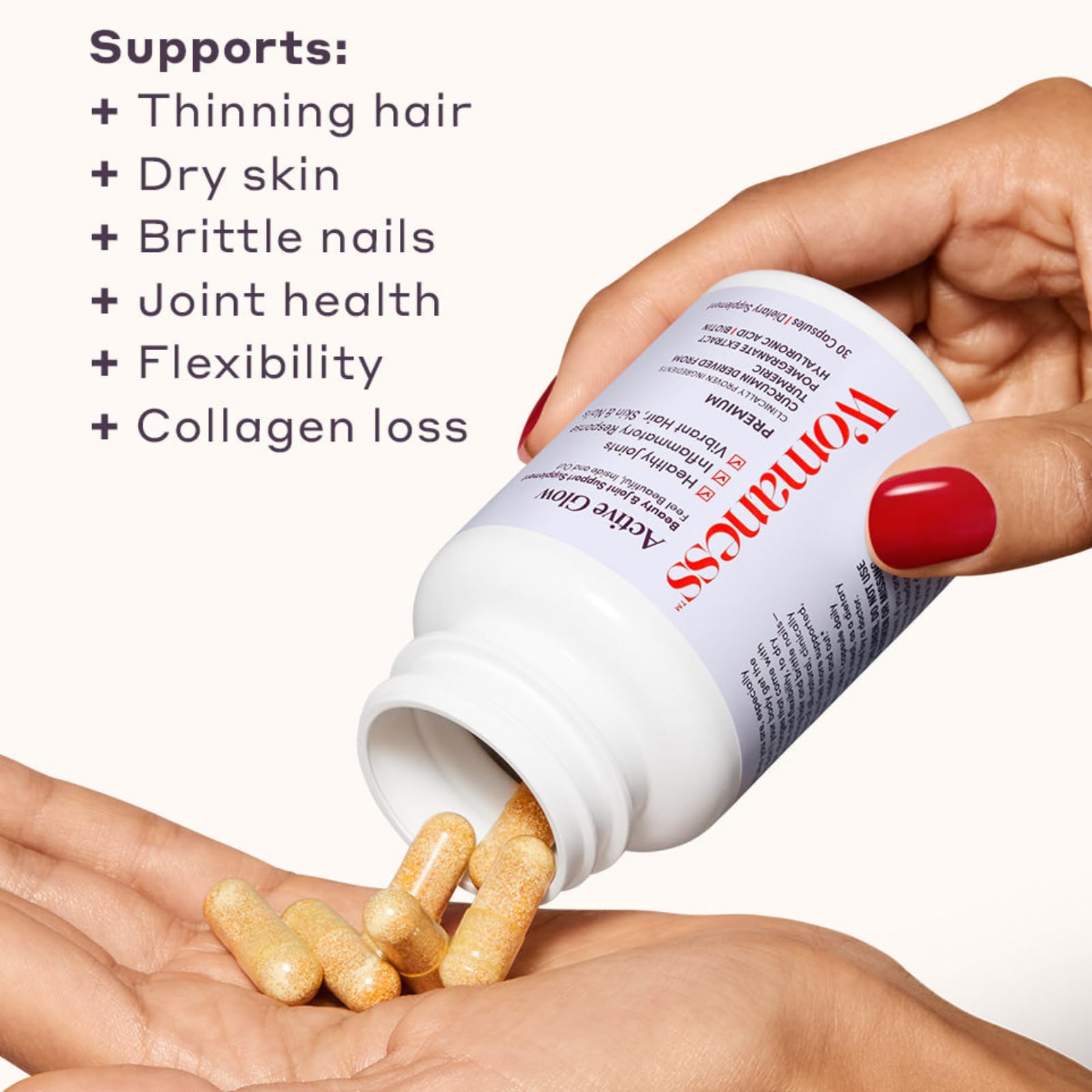Womaness Active Glow Biotin and Hyaluronic Acid ingredients strengthen hair and hydrate skin.