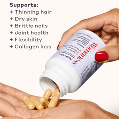 Womaness Active Glow Biotin and Hyaluronic Acid ingredients strengthen hair and hydrate skin.