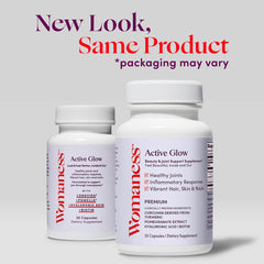 Womaness Active Glow packaging highlights vegan and gluten-free formula.