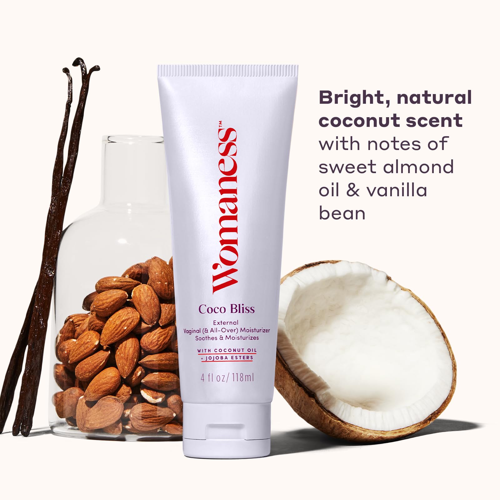 Womaness Coco Bliss ingredients highlight coconut oil and jojoba esters for deep hydration.