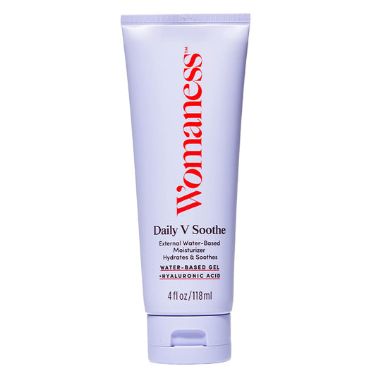 Womaness Daily V Soothe bottle close-up highlighting a hydrating external gel for daily vulvar comfort