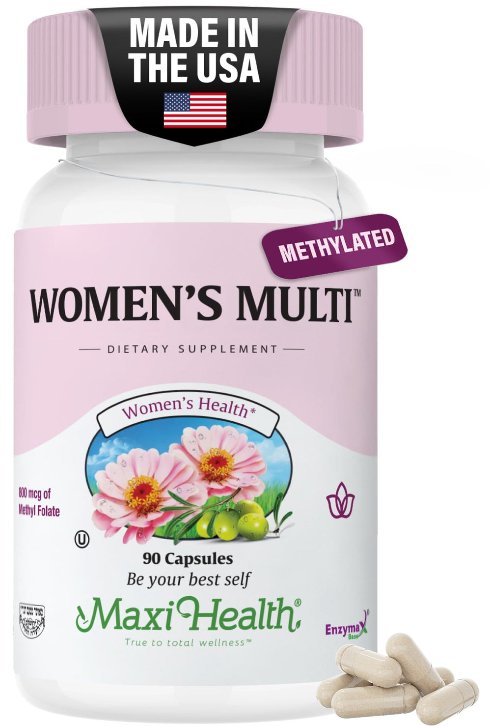 Womens Multivitamin bottle with 90 capsules and label