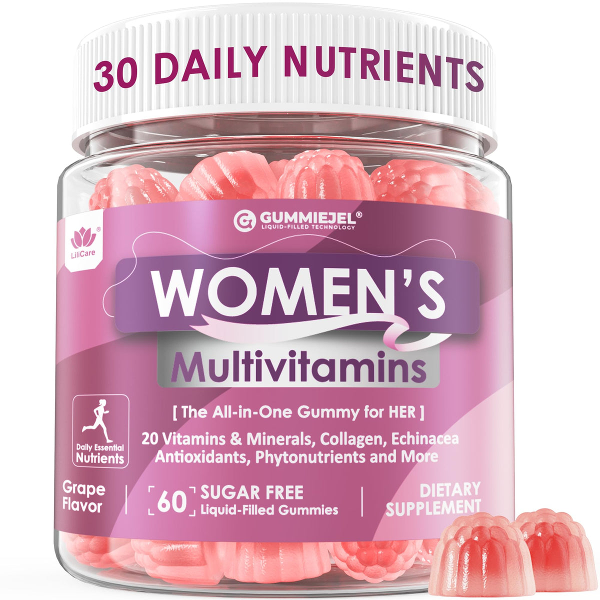 Womens multivitamin gummy with iron, biotin 2500mcg, collagen and keratin – 60 count