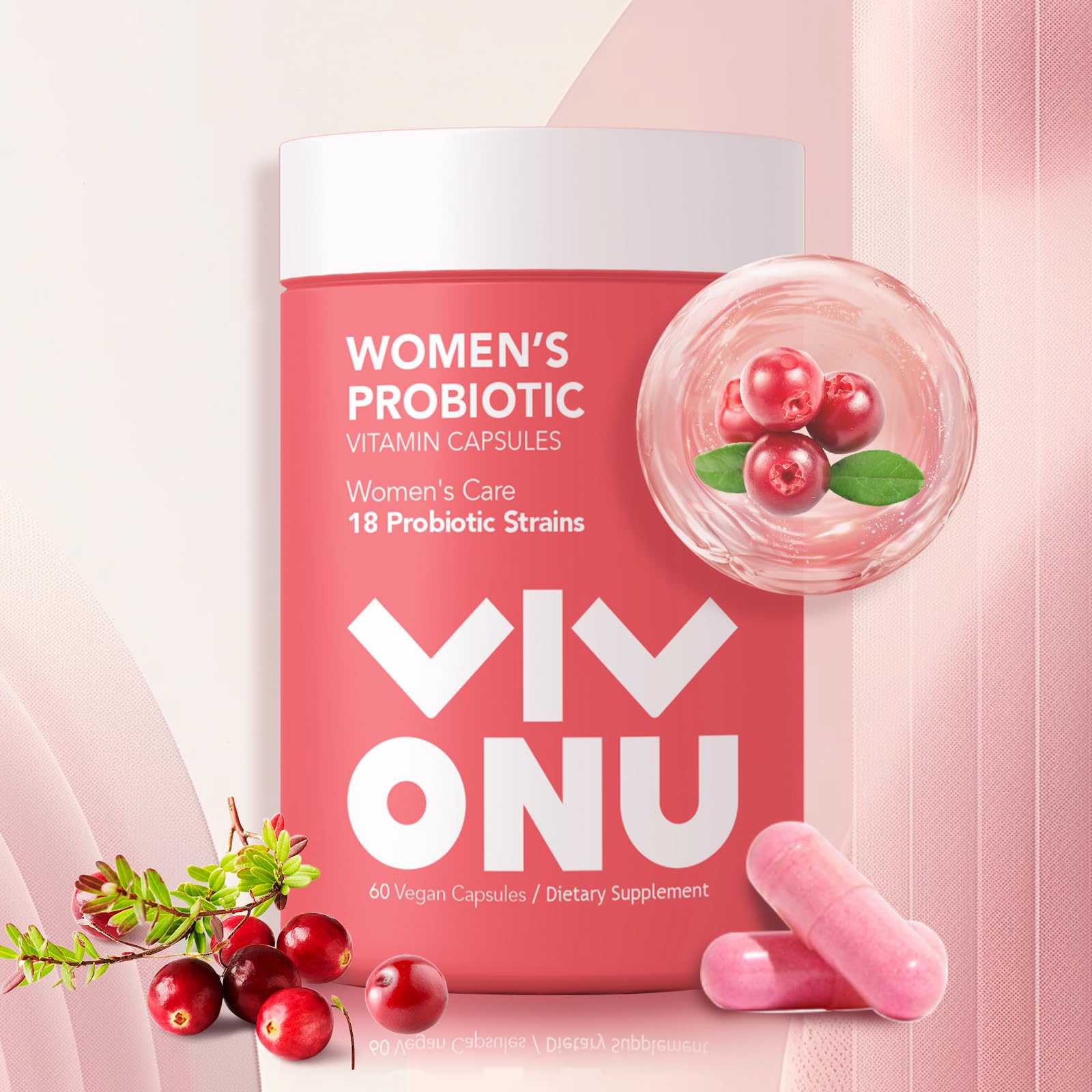 Bottle label showing 60B CFUs and 18 strains for women's probiotic blend