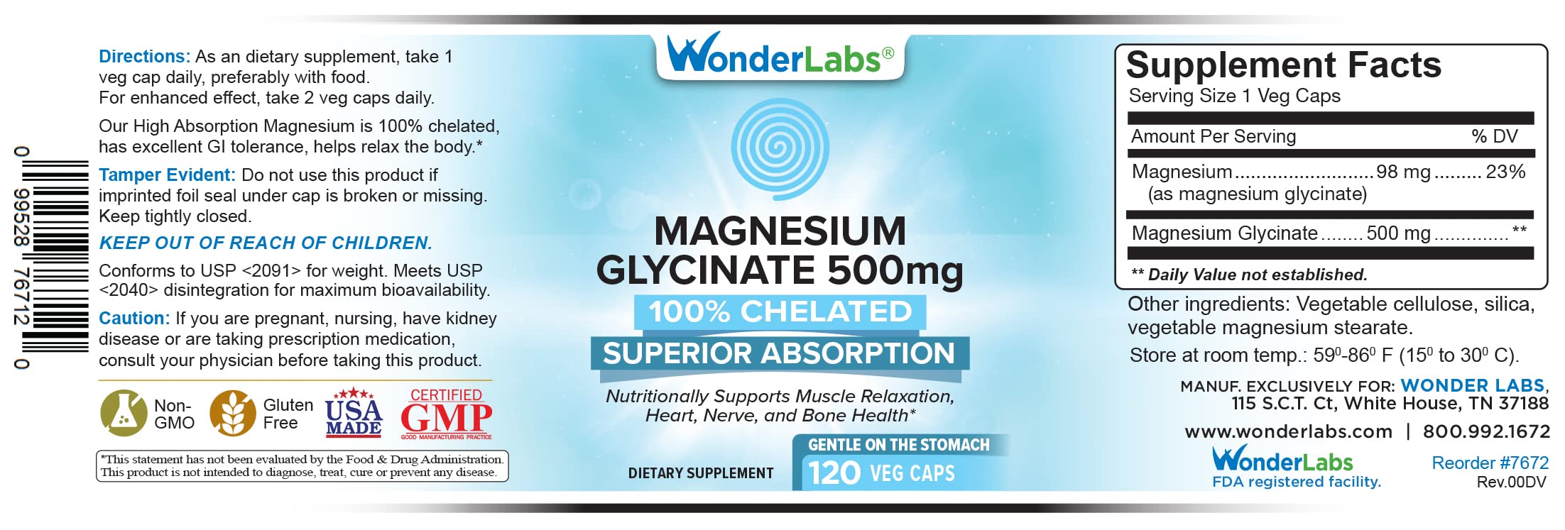 Supplement facts panel showing 500mg per serving