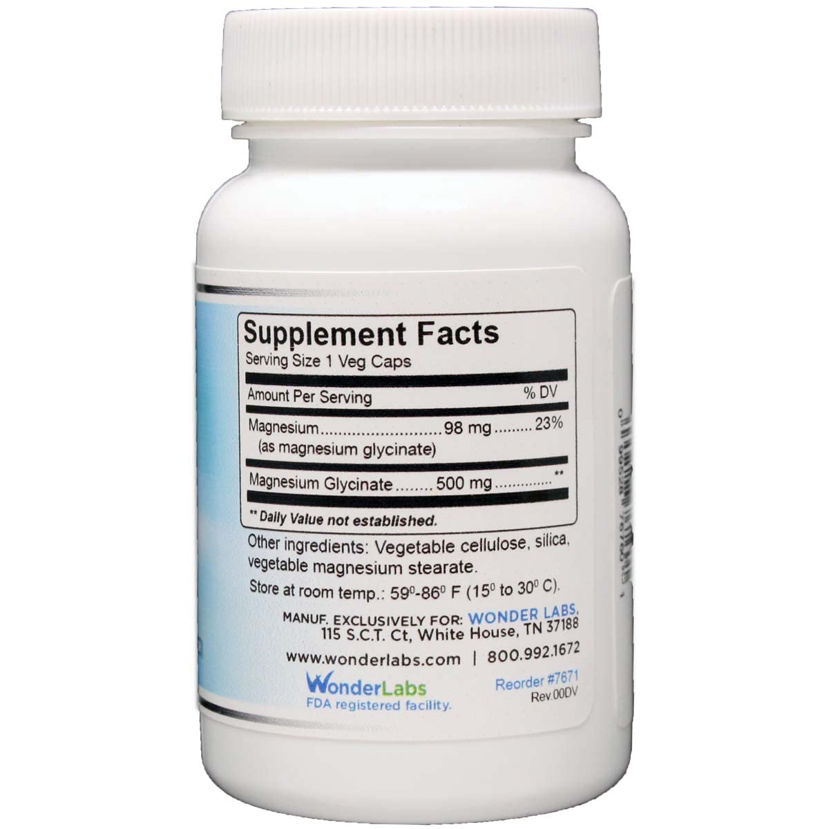 Back label of Wonder Laboratories Magnesium Glycinate 500mg bottle