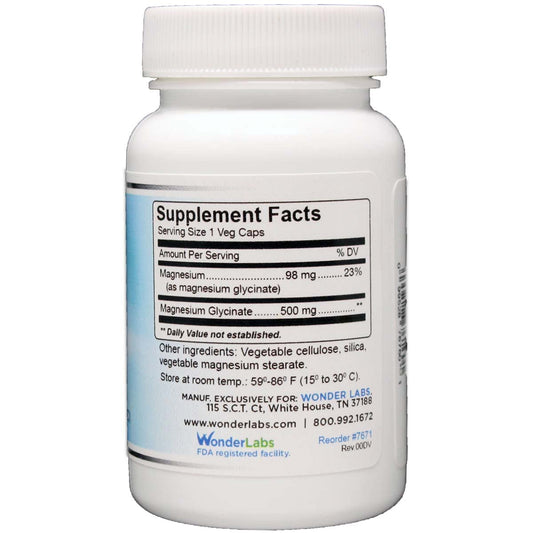 Back label of Wonder Laboratories Magnesium Glycinate 500mg bottle
