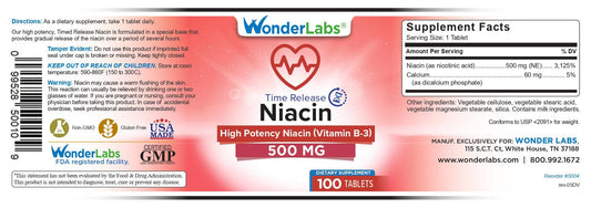 Close-up view of Niacin Time Release 500 mg label