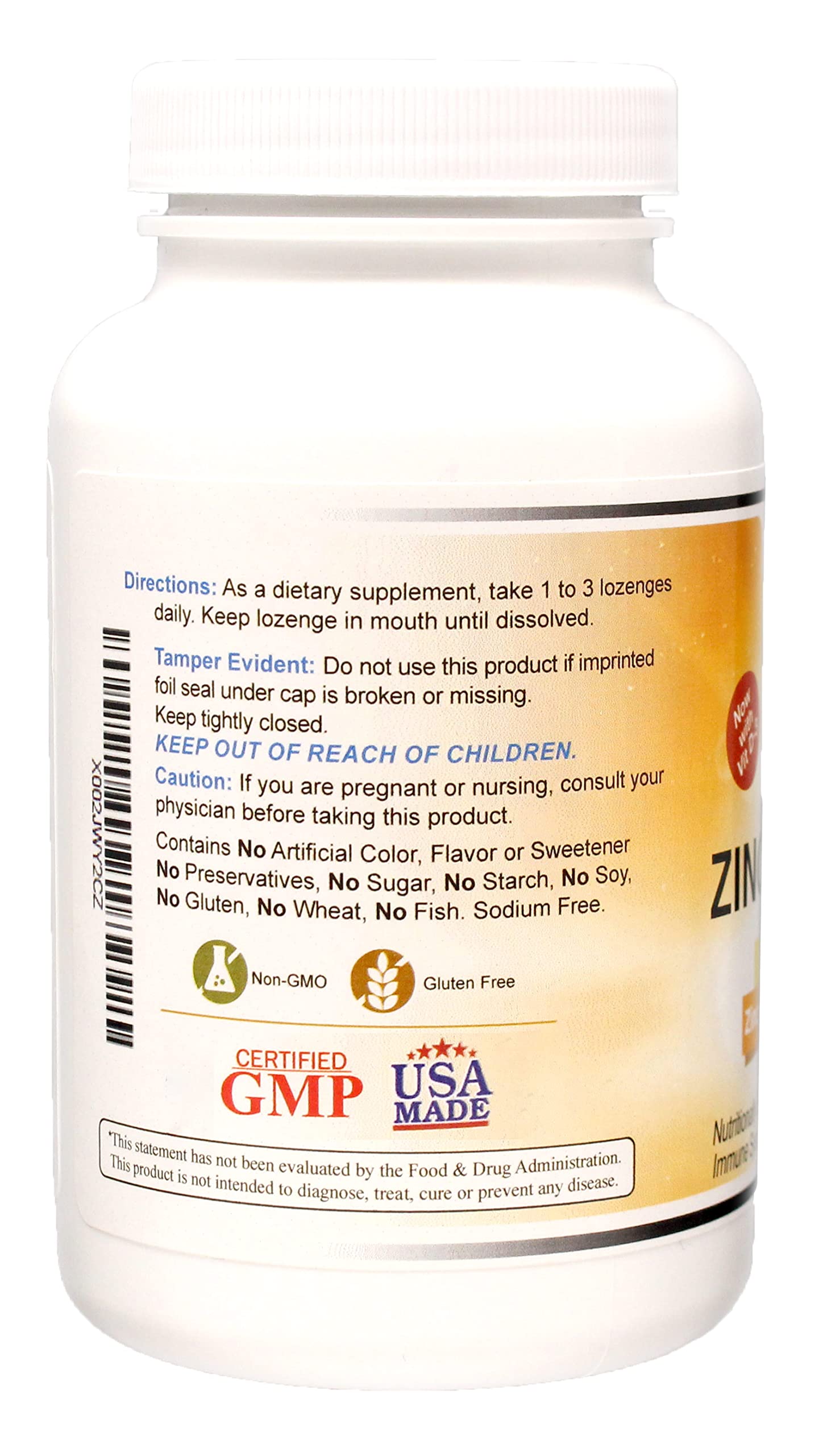 Nutrition label showing 25 mg zinc and 30 mg vitamin C per lozenge