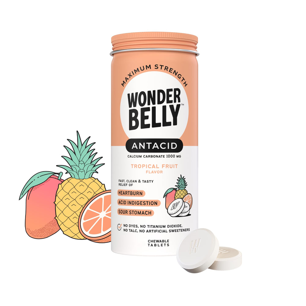 Wonderbelly antacid bottle with tropical flavor for on-the-go relief.