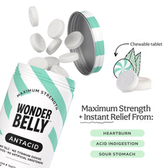 Wonderbelly antacid chew tablets in Sweet Mint offer convenient, fast indigestion relief.