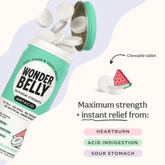 Close-up of Wonderbelly antacid tablets highlighting maximum strength chews