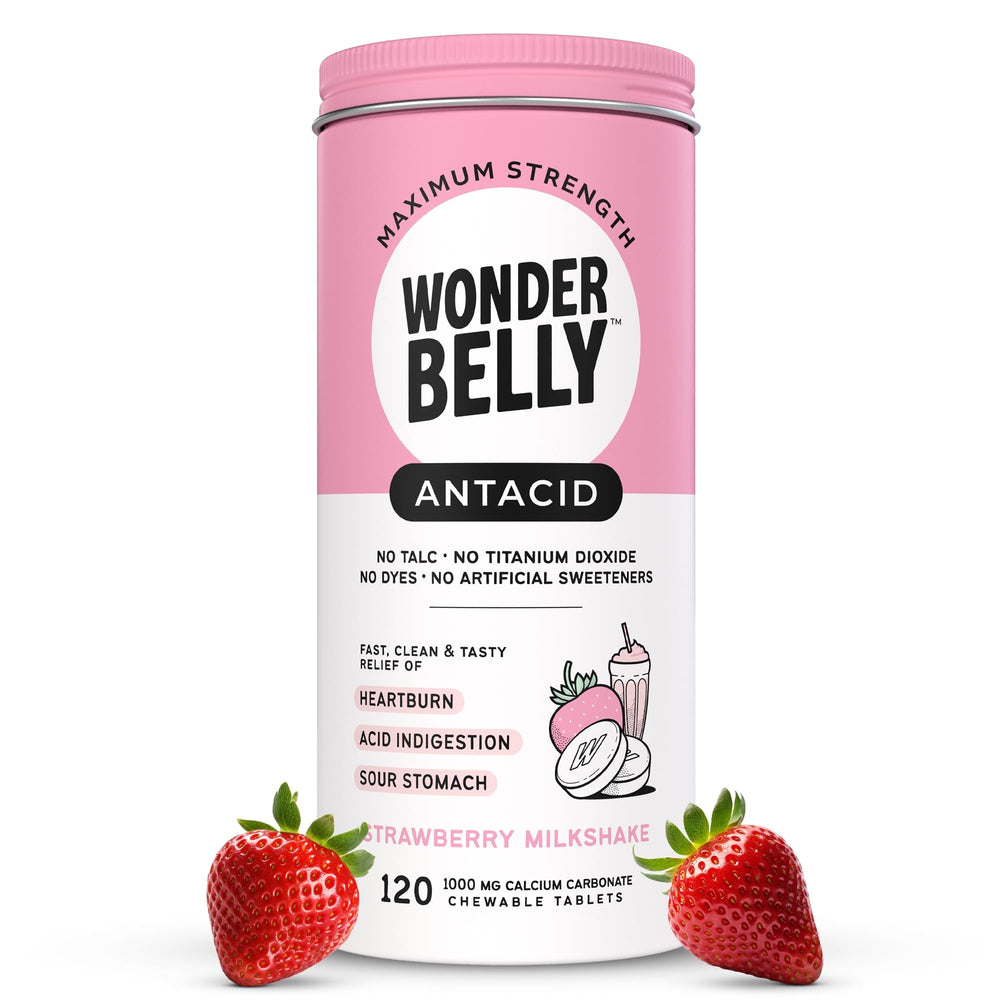 Wonderbelly antacid front-canister for convenient heartburn relief on the go.