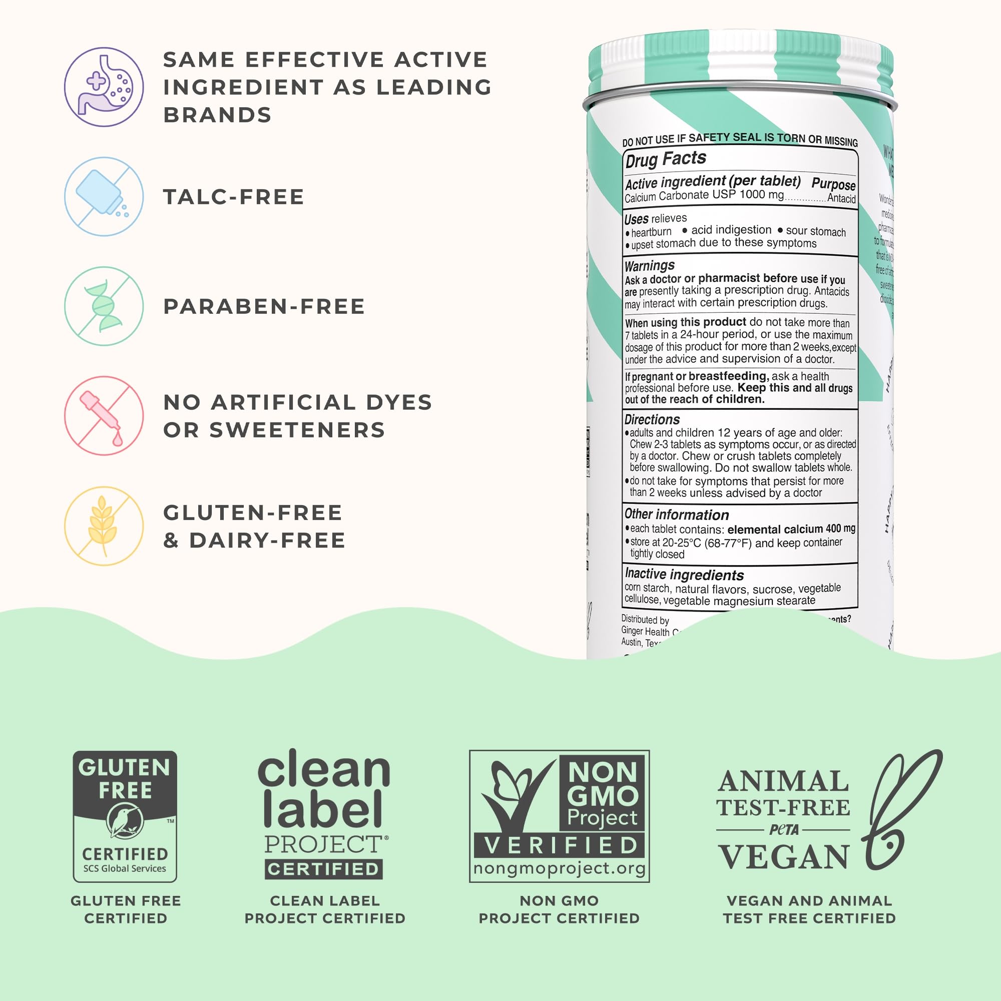 Wonderbelly antacid ingredient label highlights 1000 mg calcium carbonate and clean ingredients.