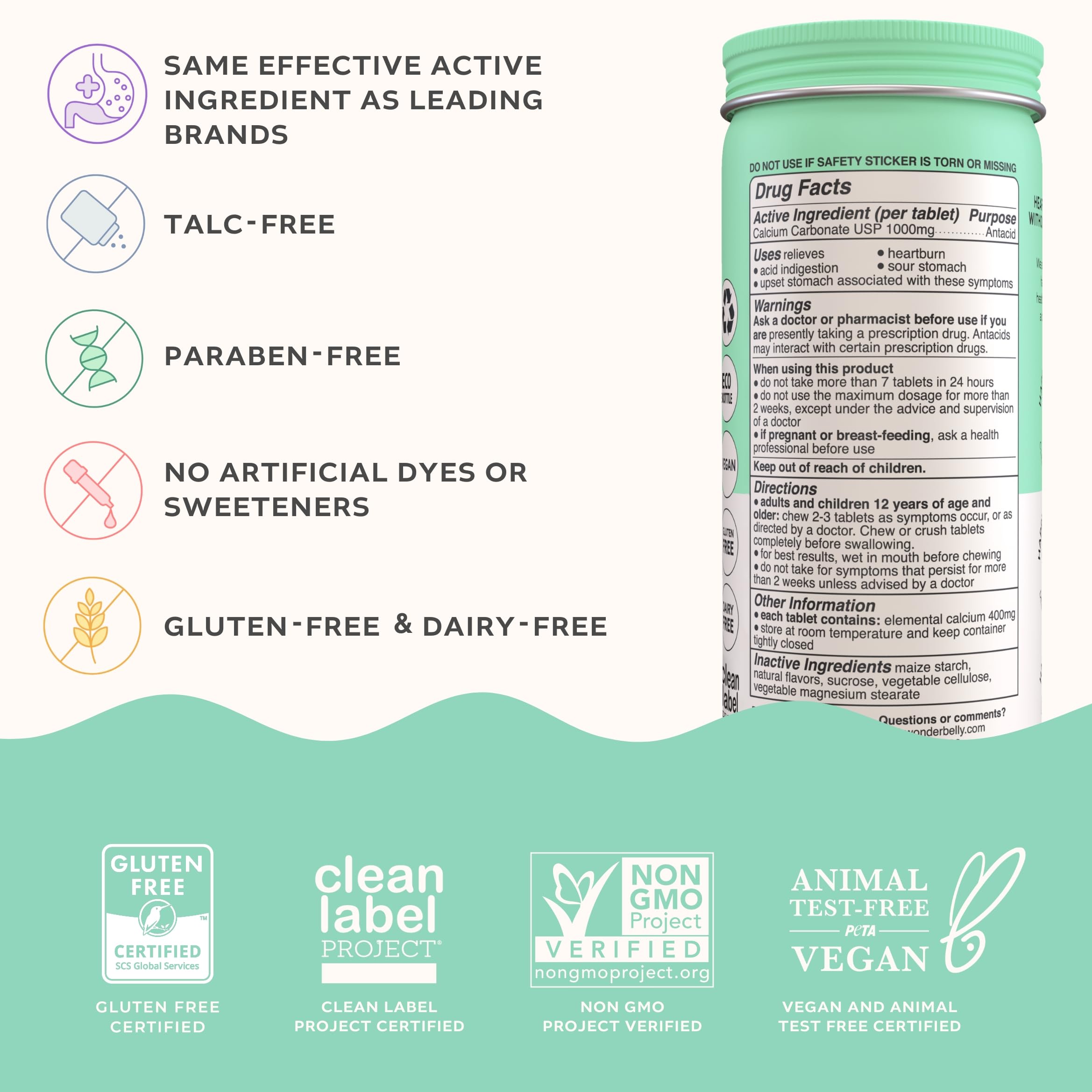 Wonderbelly ingredients label shows non-GMO vegan formula without dyes