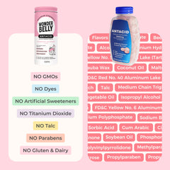 Wonderbelly antacid label closeup highlighting clean ingredients and no artificial additives.