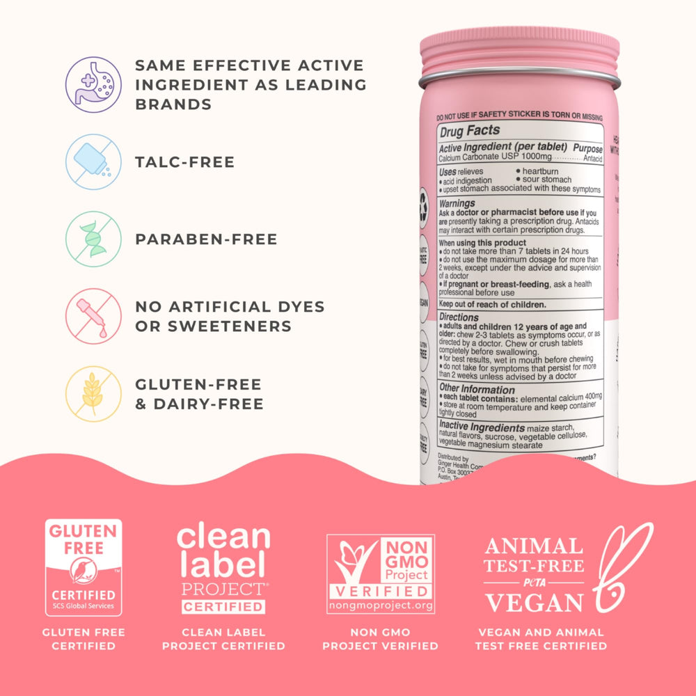 Wonderbelly Antacid label highlights no dyes and clean ingredients