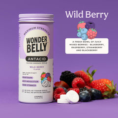 Wonderbelly antacid wild berry chewables provide quick sour stomach relief