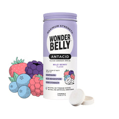 Wonderbelly antacid wild berry tablets in bottle offering fast heartburn relief