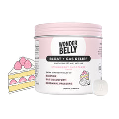 Wonderbelly Bloat + Gas Relief bottle front highlights strawberry shortcake flavor for quick relief.
