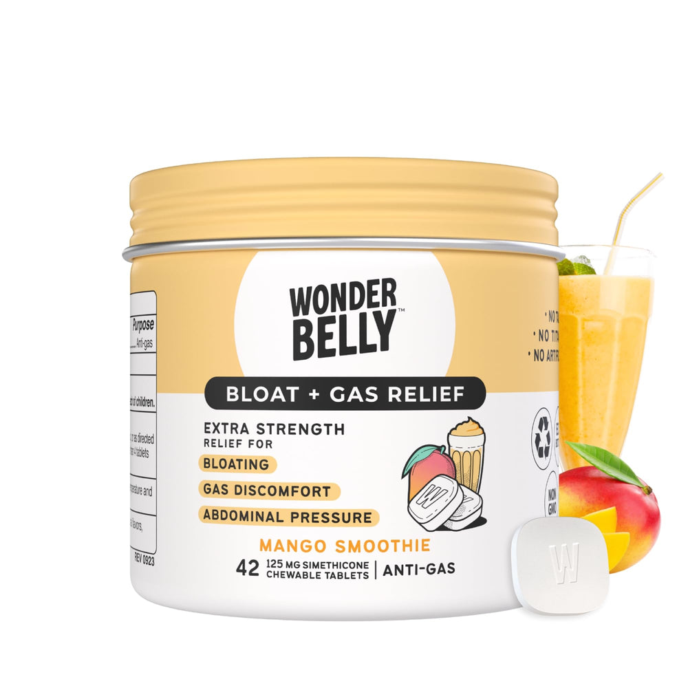 Wonderbelly Bloat + Gas Relief bottle with mango-chew tablets for on-the-go relief