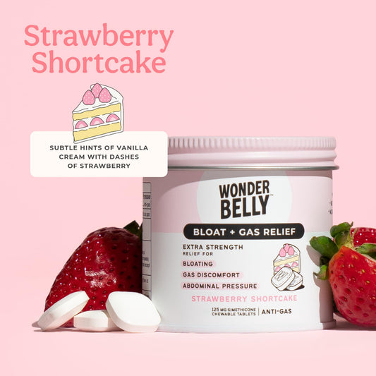 Wonderbelly Bloat + Gas Relief tablets close-up showing flavor-forward relief.