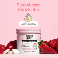Wonderbelly Bloat Gas Relief tablets detail fast-acting dose supporting comfort after meals.