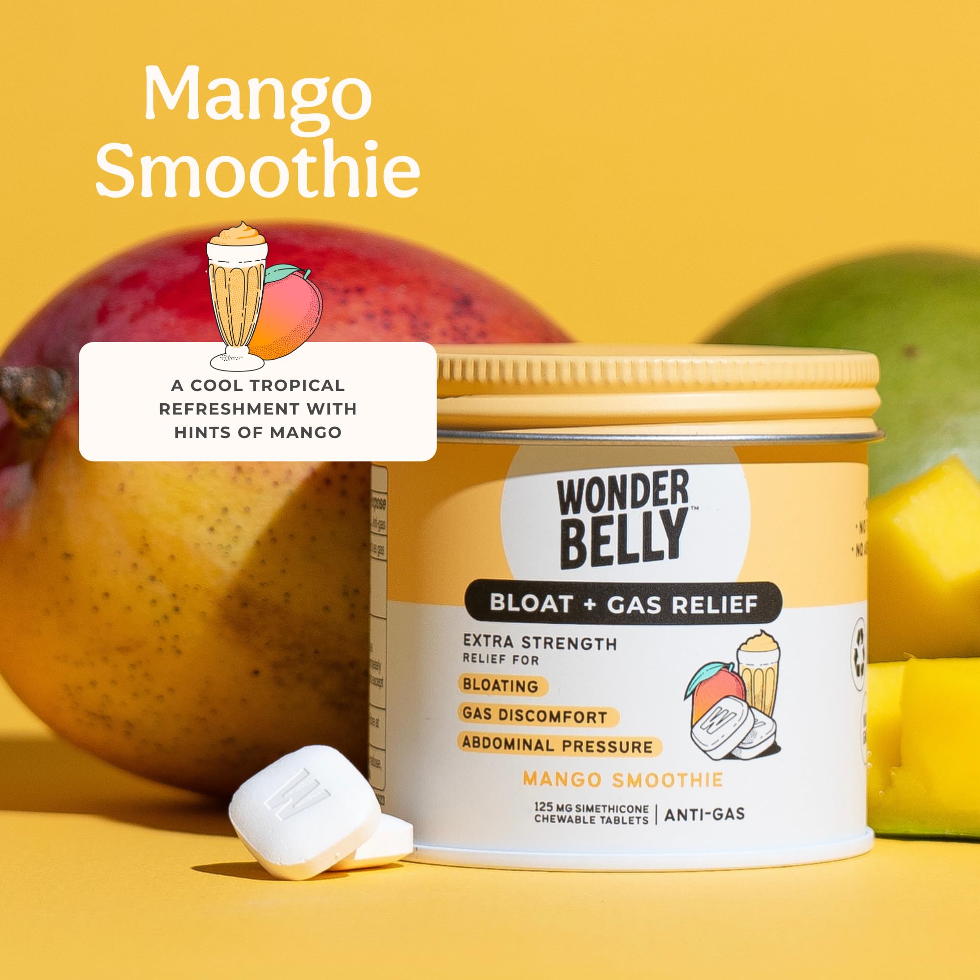 Wonderbelly bottle cap close-up highlights dye-free, vegan-friendly formula.