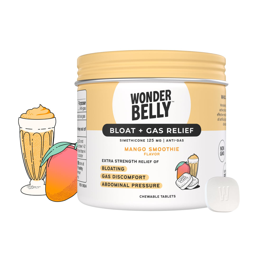 Wonderbelly bottle front showing Bloat Relief for fast, discreet after-meal comfort.