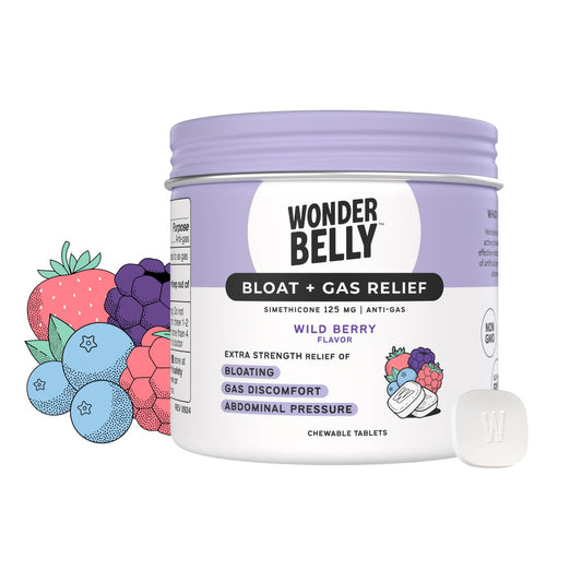 Wonderbelly bloat relief bottle open with Wild Berry chewables for gas relief on the go