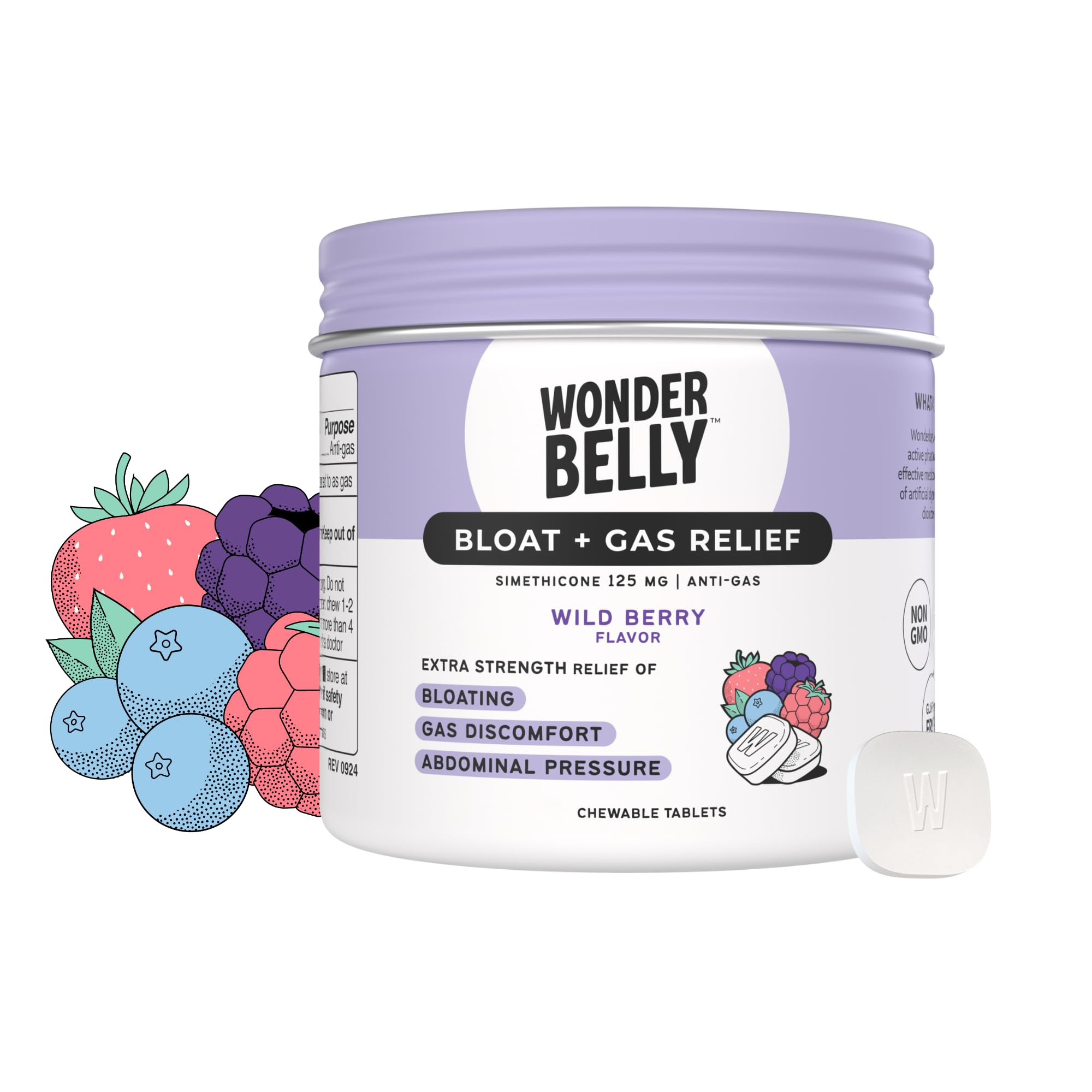 Wonderbelly bloat relief bottle open with Wild Berry chewables for gas relief on the go