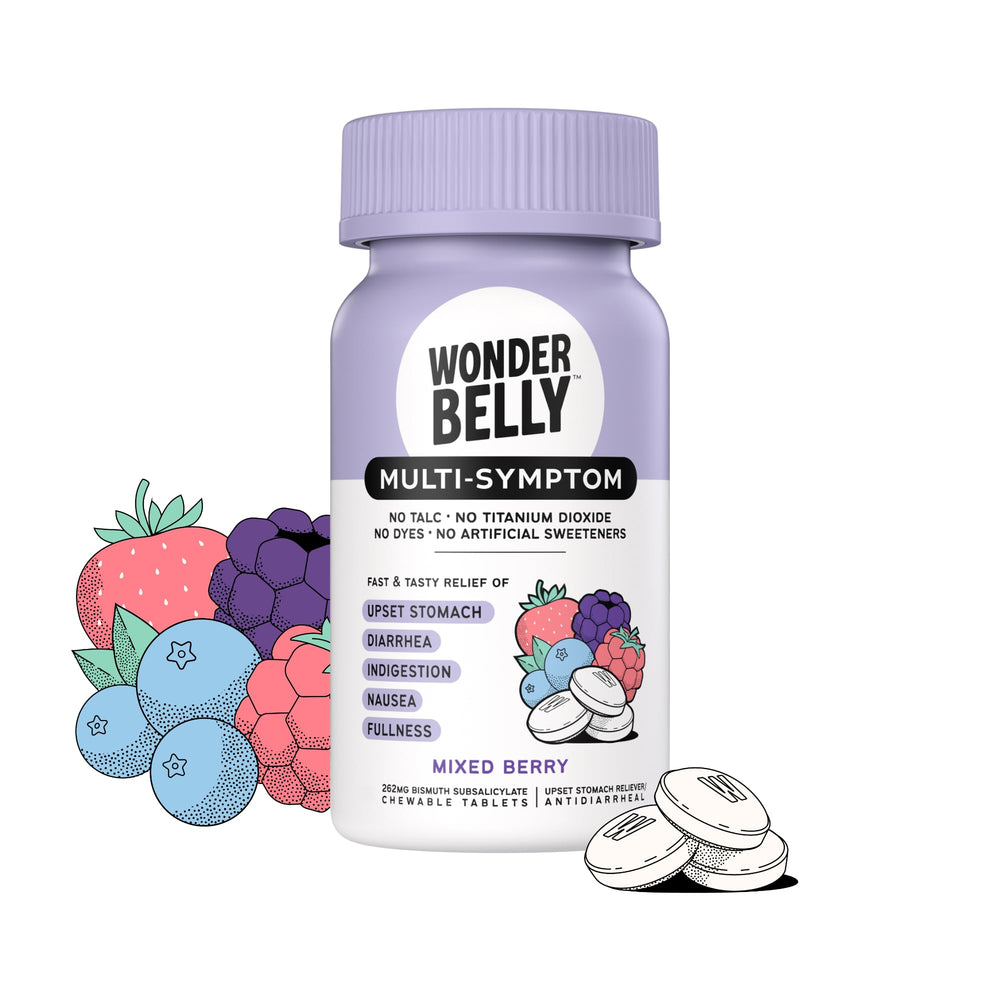 Wonderbelly mixed berry tablets 40-count for quick stomach relief.