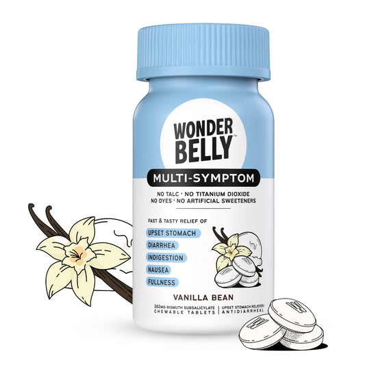 Wonderbelly Vanilla Bean chewables bottle provides on-the-go digestive relief