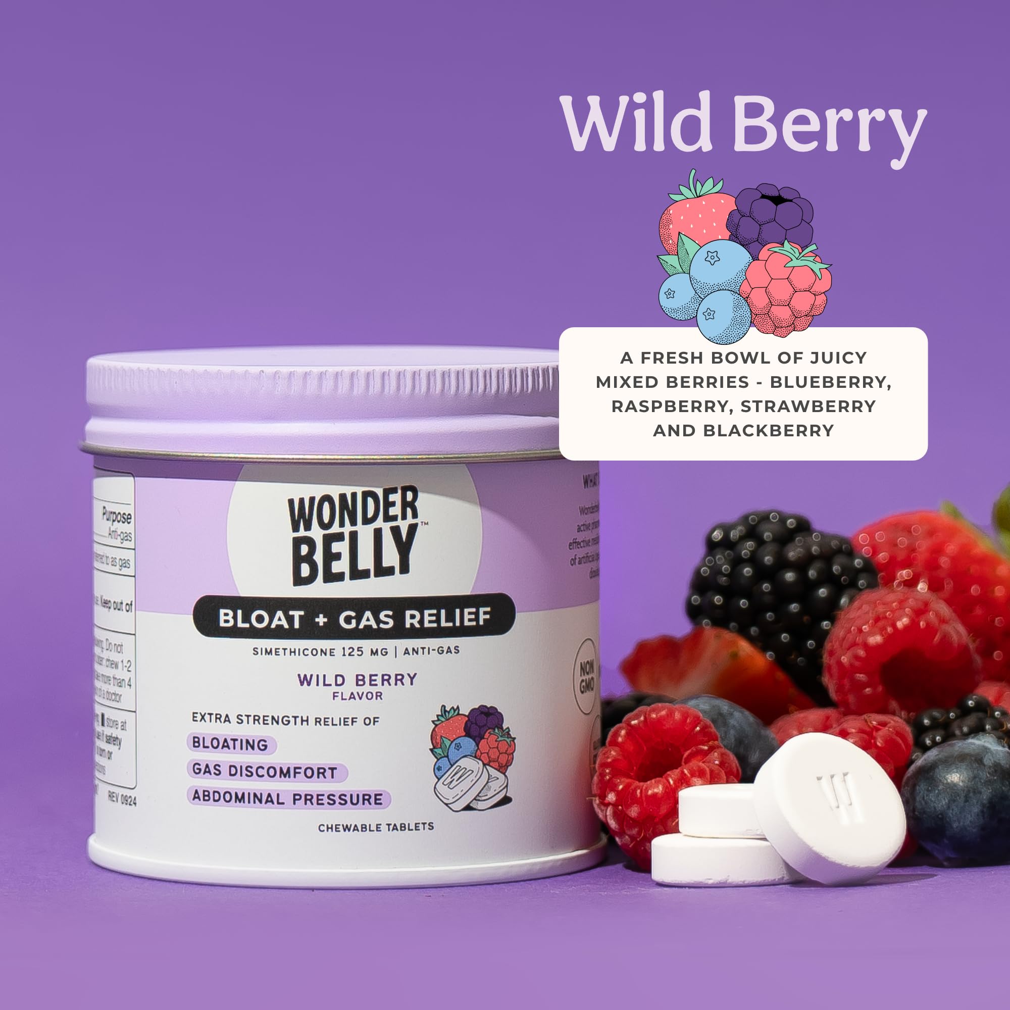Wonderbelly Wild Berry chewables close-up for flavor and quick comfort during bloating