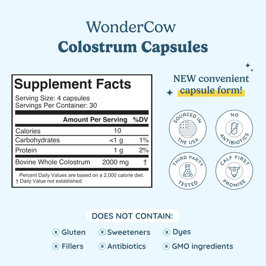 Close-up of WONDERCOW Colostrum Capsules