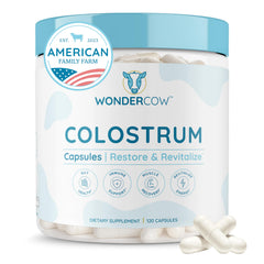 WonderCow colostrum capsules bottle — convenient daily immune support.