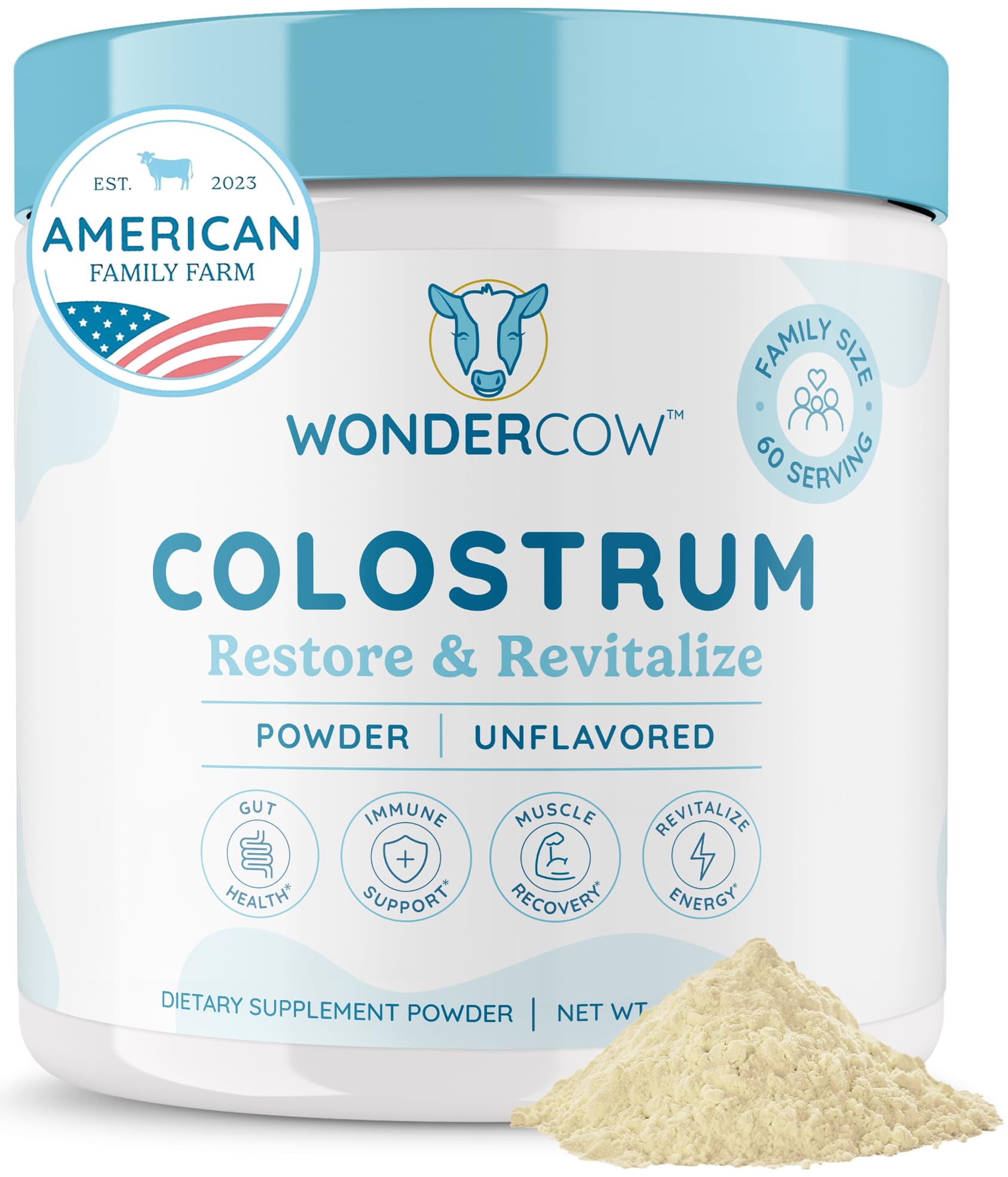 Front view of WonderCow Colostrum packaging