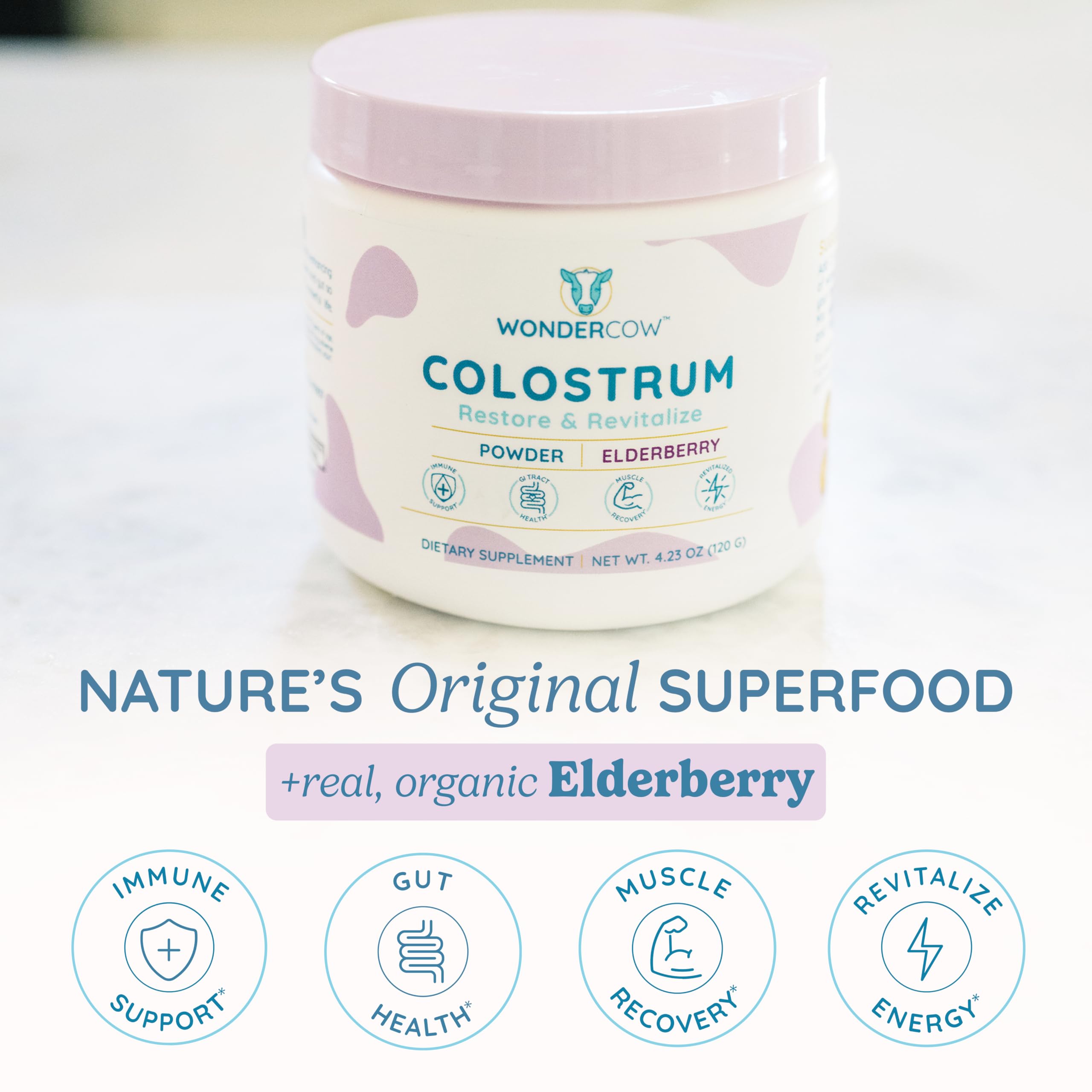 Close-up of WonderCow Colostrum Powder with Elderberry flavor label