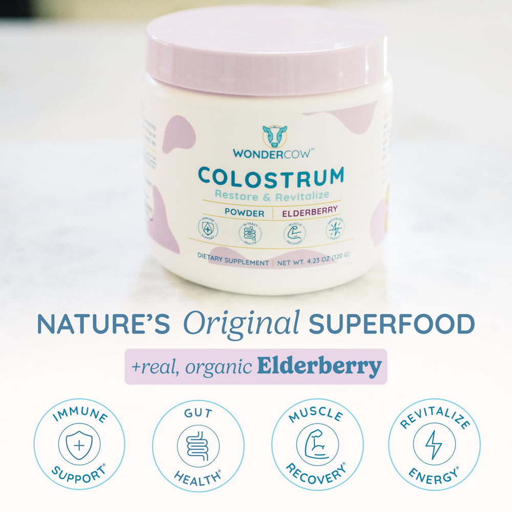 Close-up of WonderCow Colostrum Powder with Elderberry flavor label