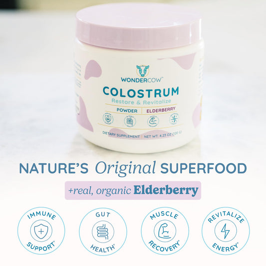 Close-up of WonderCow Colostrum Powder with Elderberry flavor label