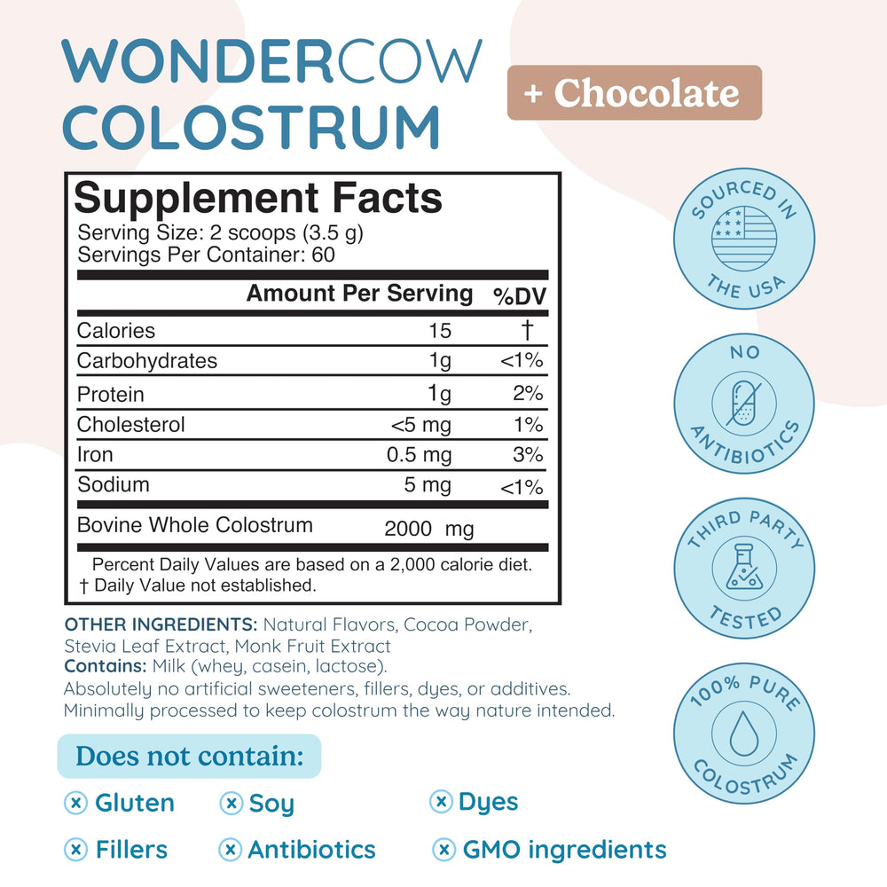 Colostrum powder highlighting immune support and gut health