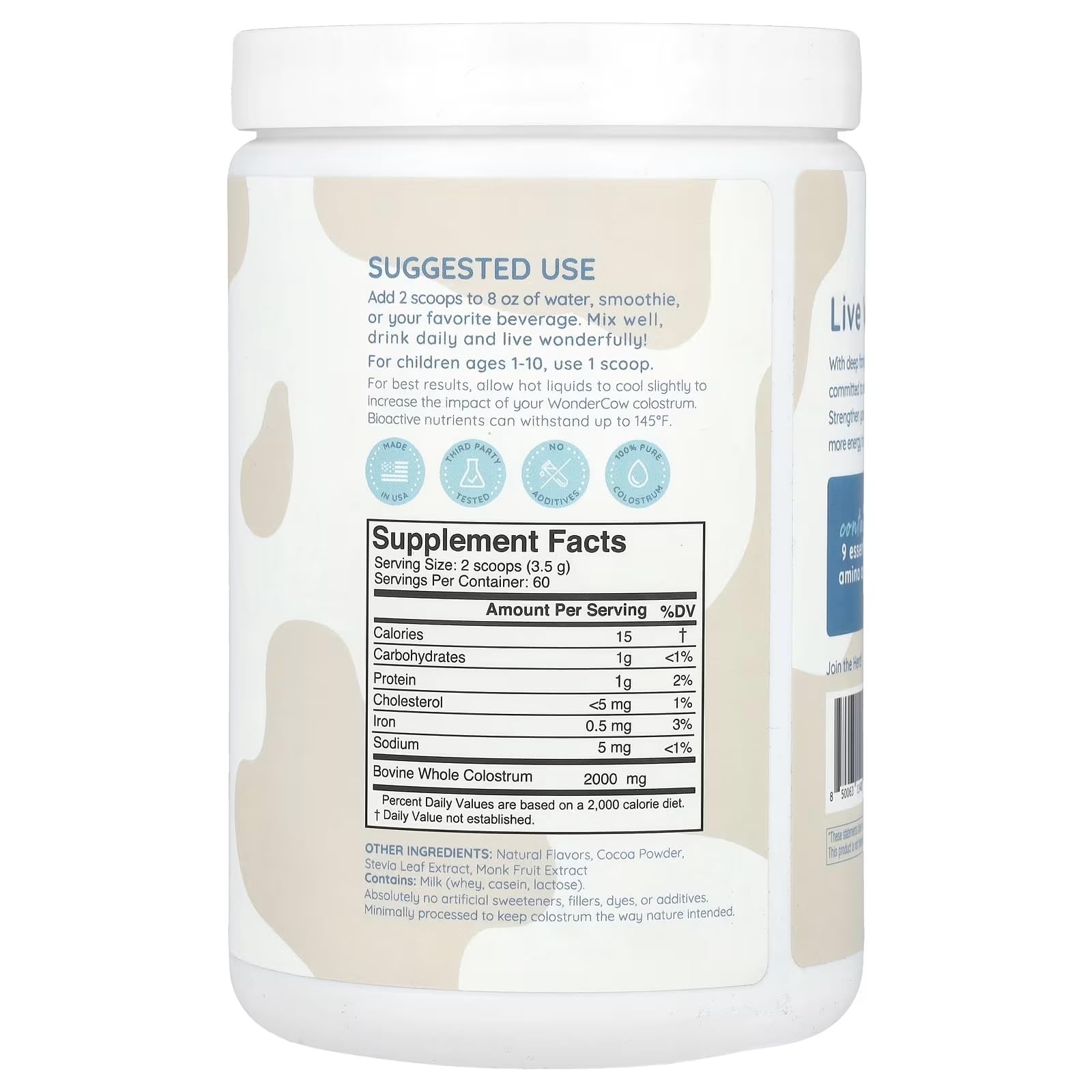 Product packaging and label of WONDERCOW Colostrum Powder