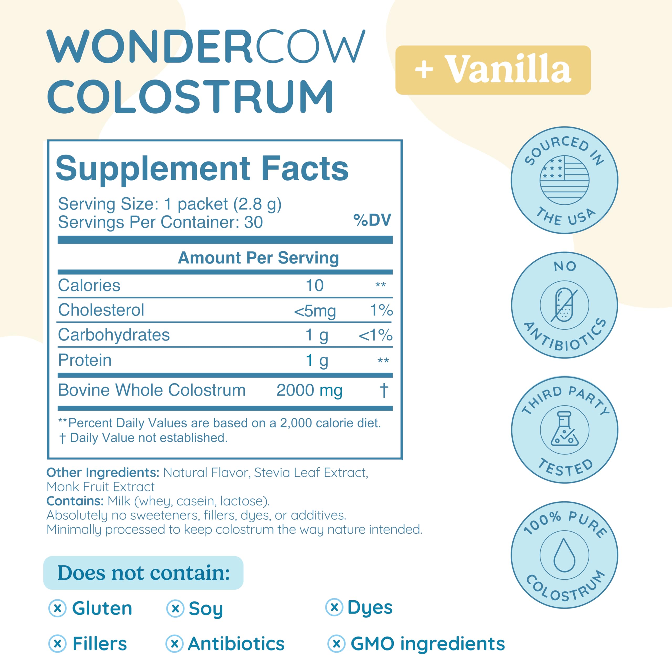 WonderCow vanilla colostrum powder with handy scoop for on the go nutrition