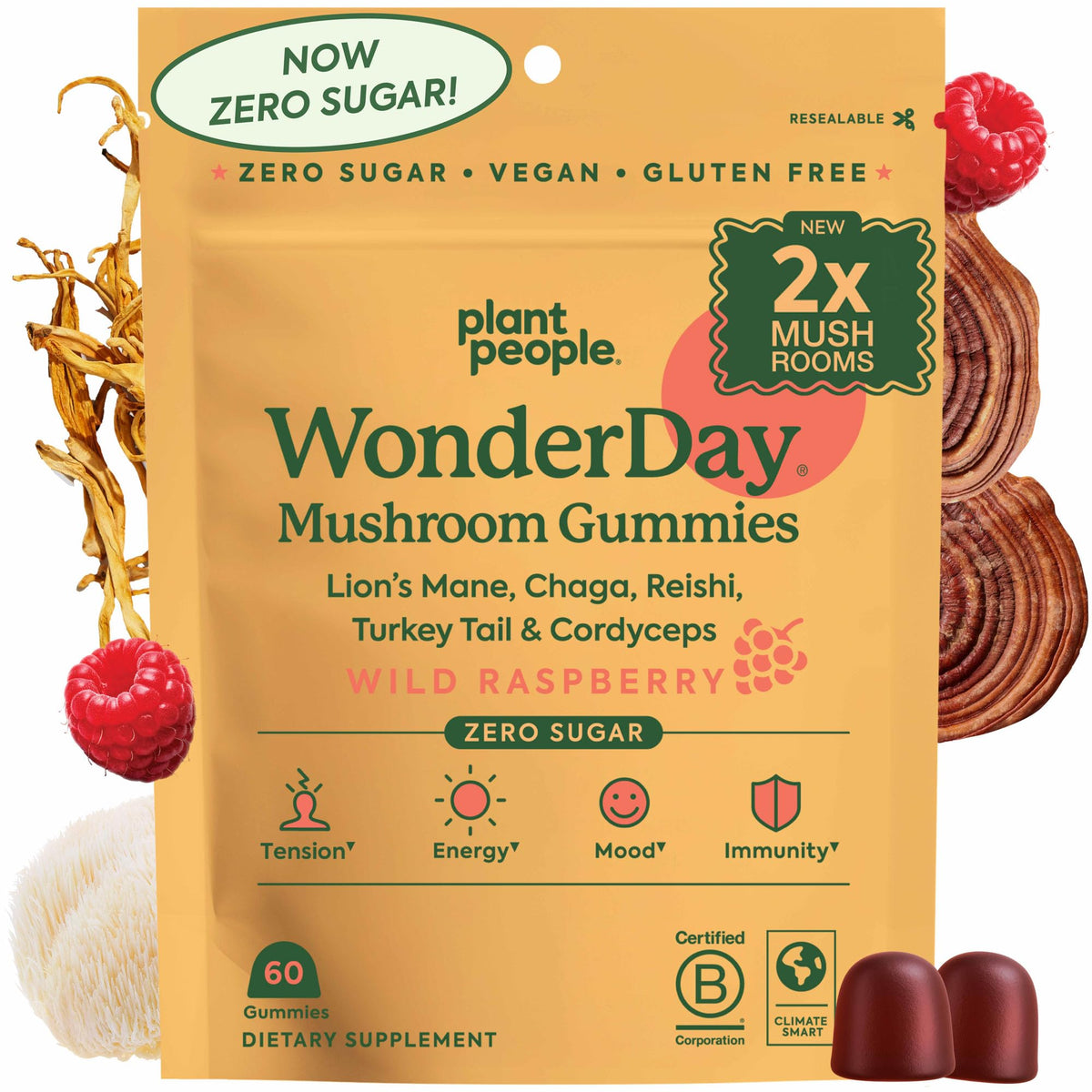 WonderDay Mushroom Gummies bottle label on white background