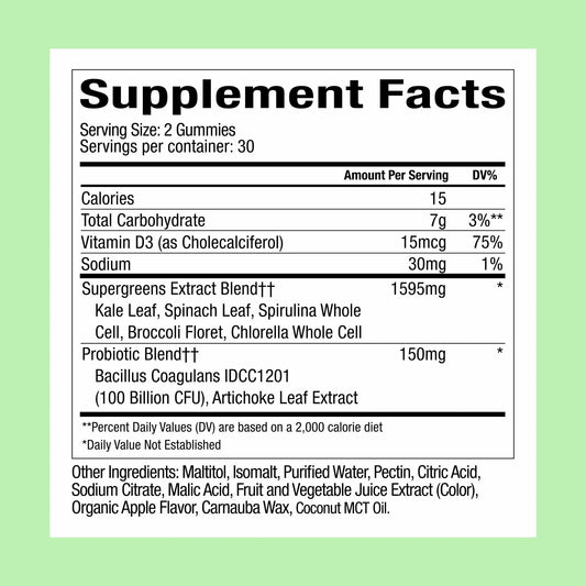 Ingredients including spirulina, chlorella, artichoke leaf extract, parsley leaf, kale leaf
