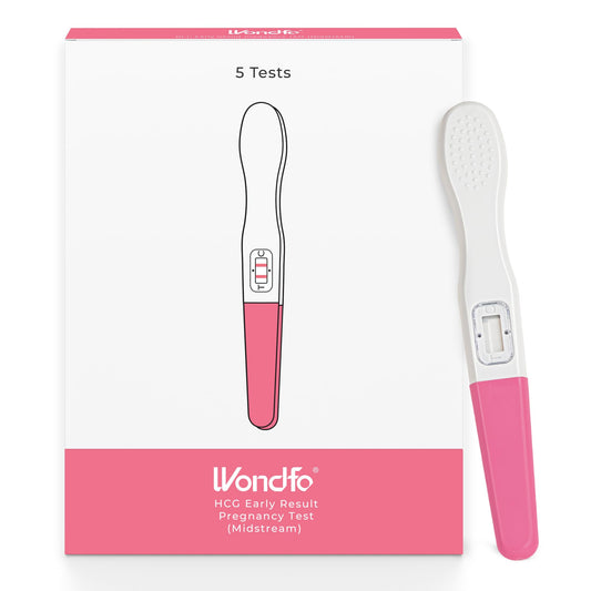 Wondfo early result pregnancy test sticks – 5-pack box and wrappers