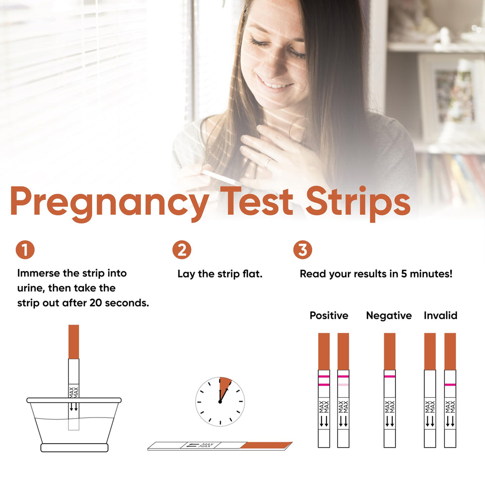 Pregnancy test strip showing result with 25 mIU/mL sensitivity