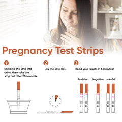 Pregnancy test strip showing result with 25 mIU/mL sensitivity