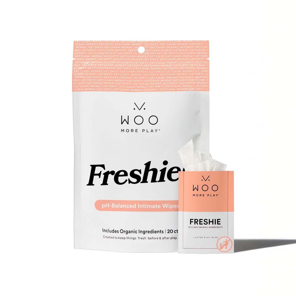 Woo More Play Freshies coconut water wipe close-up showing hydrating, on-the-go use.